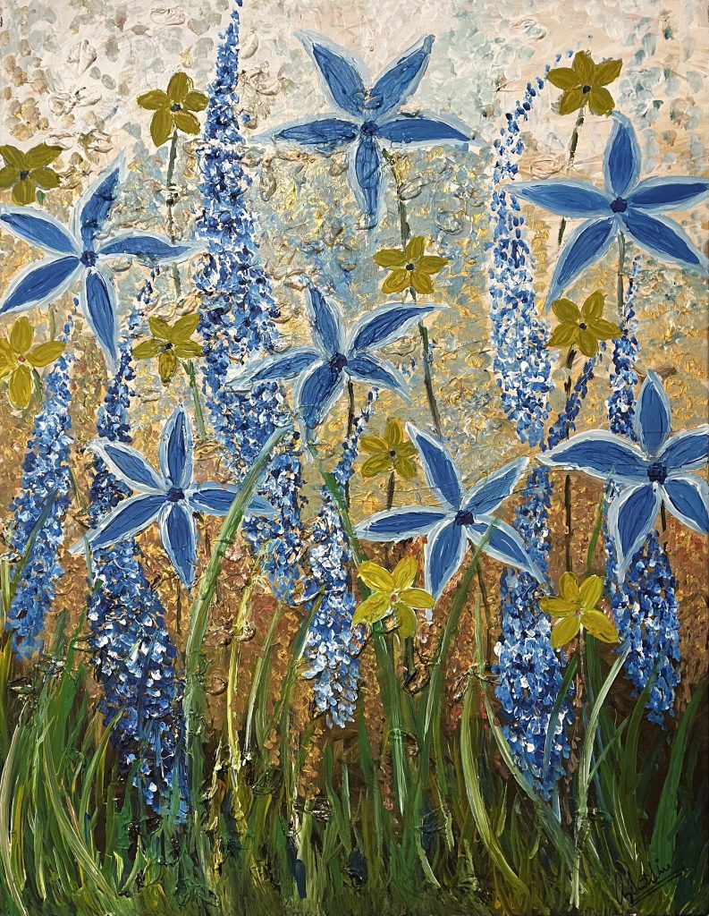 Painting of blue flowers.