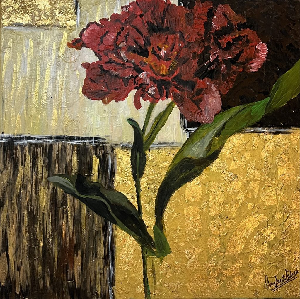 Flowers with stem on a gold, brown, and cream background.