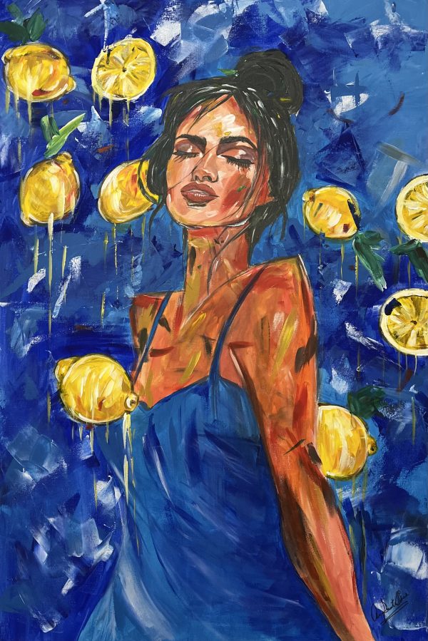 A portrait of a beautiful girl surrounded by lemons.