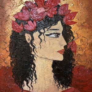 The portrait painting of a Salsa dancer, glimmering in gold and red.