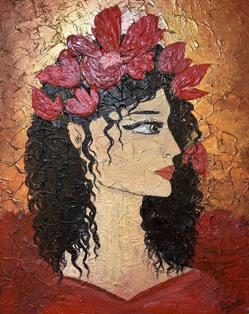 The portrait painting of a Salsa dancer, glimmering in gold and red.