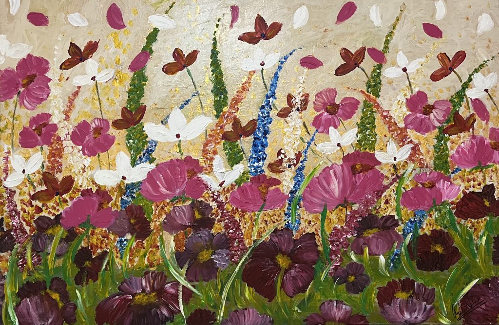 Painting of pink flowers.